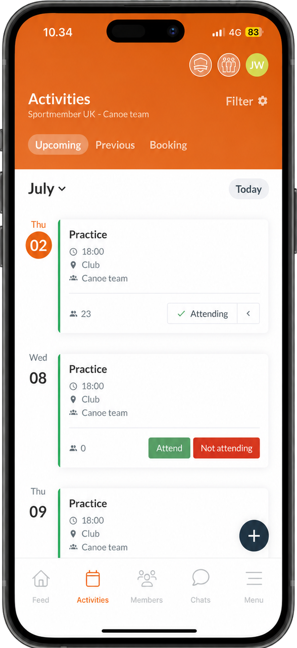 SportMember app: upcoming practices with attending and not attending buttons