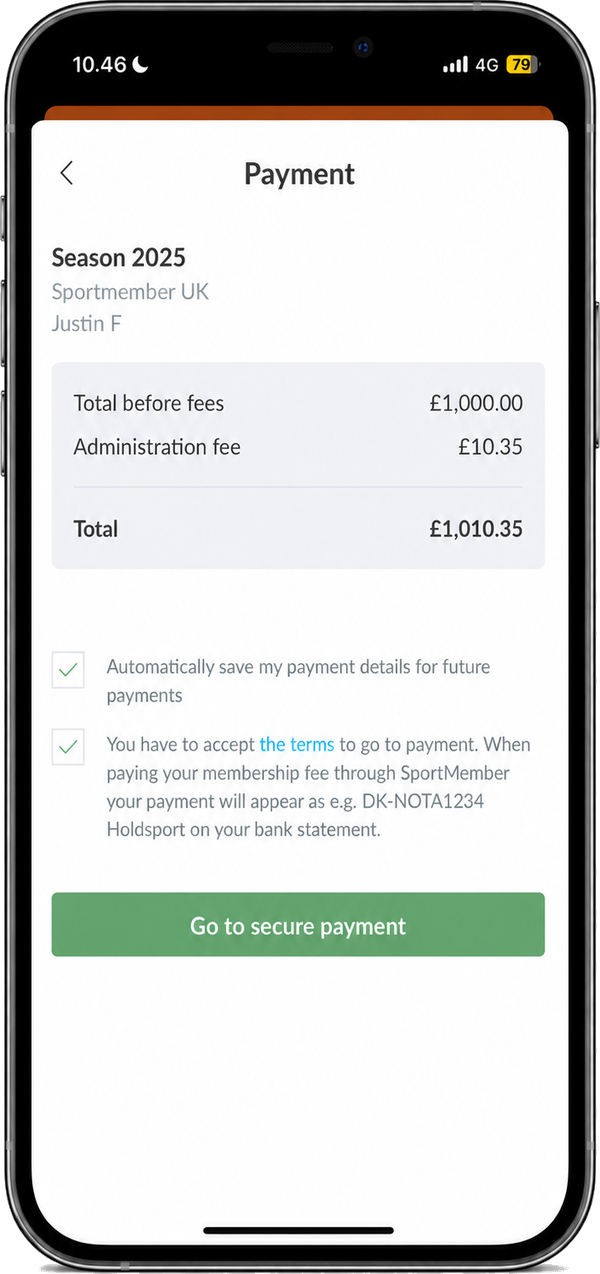 SportMember app: membership payment with total and secure payment button