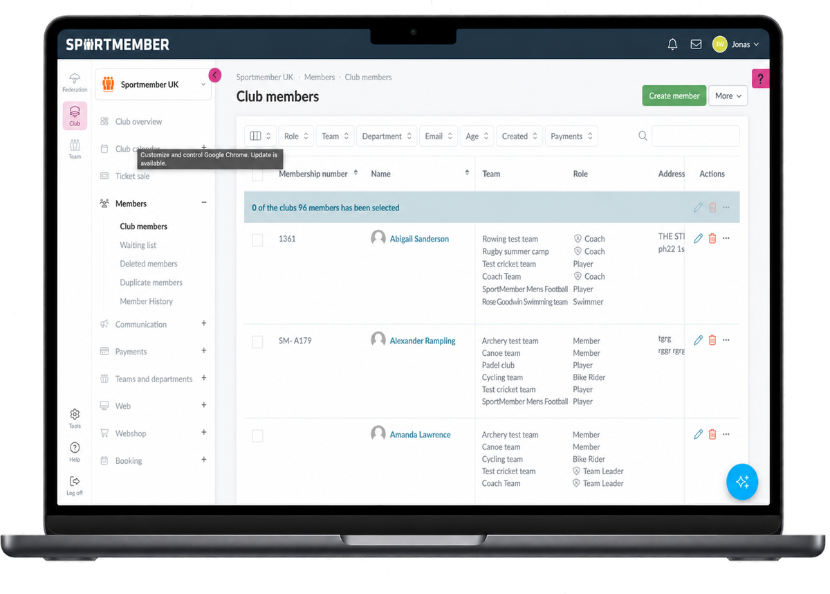 SportMember club members overview with teams and roles